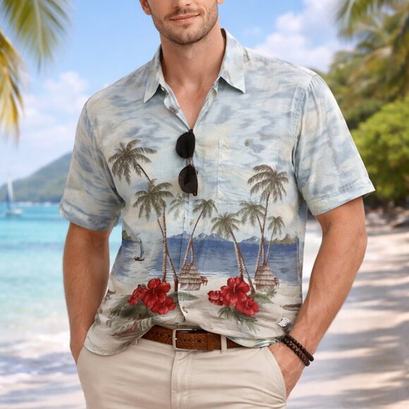 Pierre Cardin Other - Pierre Cardin Vintage Shirt Mens Size L 100% Rayon Hawaiian Short Sleeve